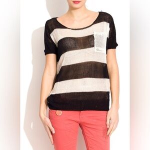 NWT Runway Paris Black and Cream Striped Knit Top, Size L